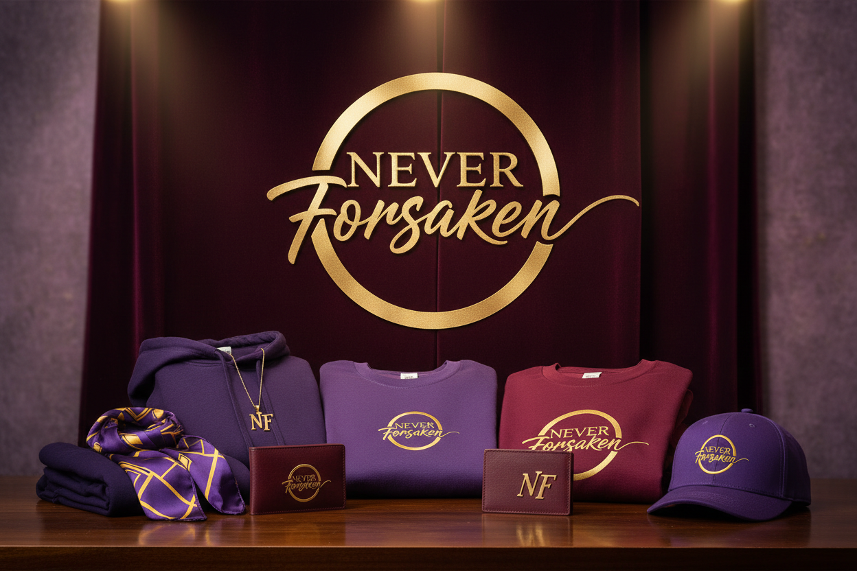 clothing line with main colors purple, burgundy, and gold with words never forsaken 